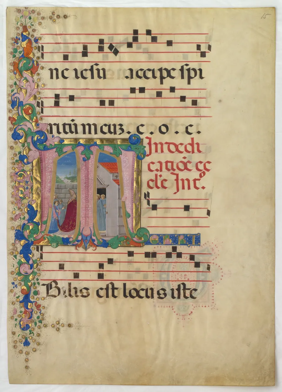 Manuscript Leaf with the Dedication of a Church in an Initial T, from a Gradual by Mariano del Buono