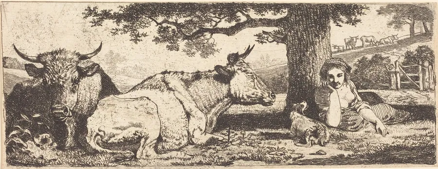 Two Cows and a Woman Lying Down by Jean-Louis Demarne