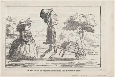 Not everything in country life smells like roses... especially when having to take care of the manure, from 'The joys of country life,' published in Le Charivari, September 12, 1865