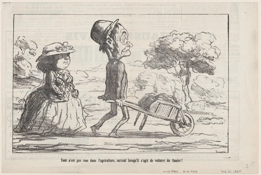Not everything in country life smells like roses... especially when having to take care of the manure, from 'The joys of country life,' published in Le Charivari, September 12, 1865 by Honoré Daumier