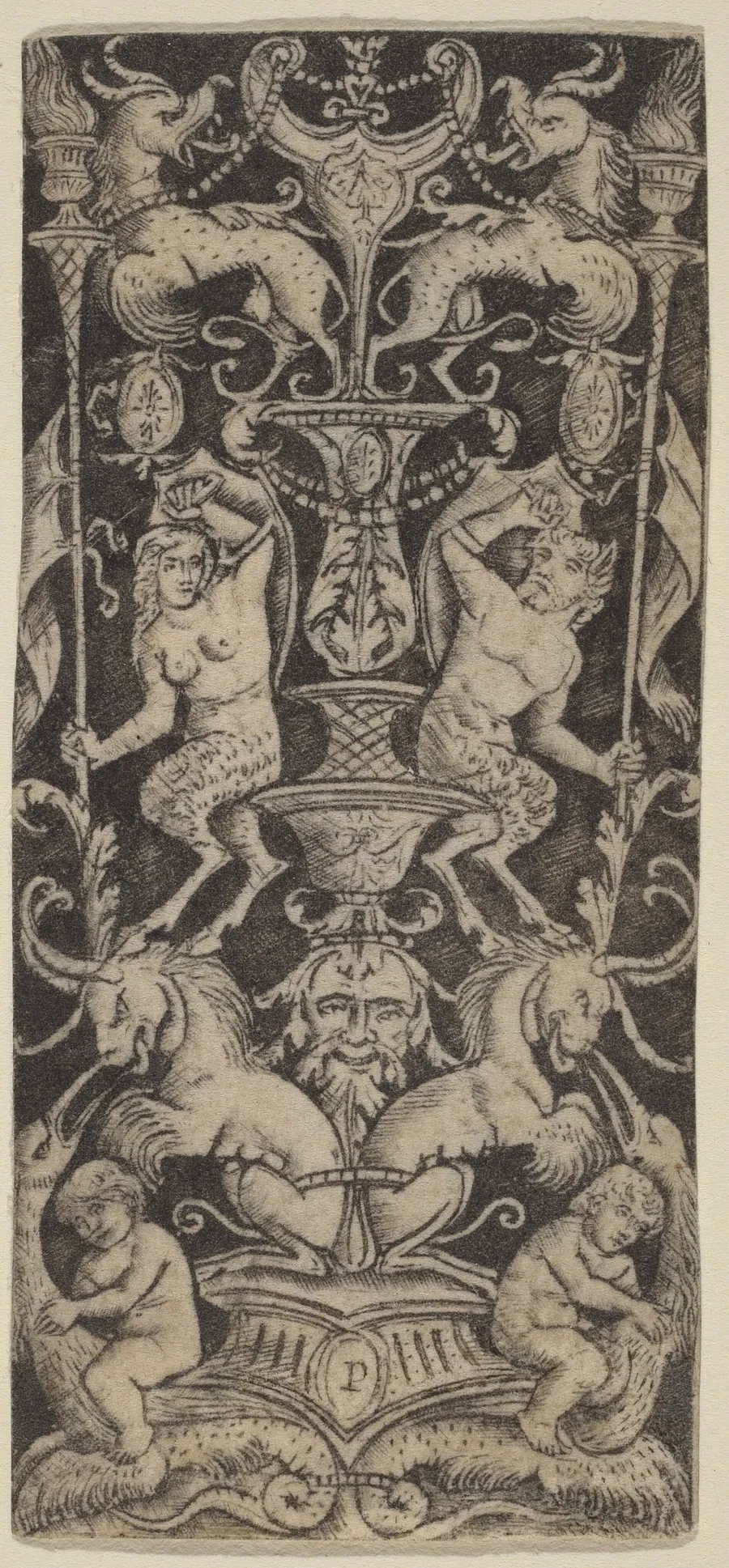 Panel of Ornament with Two Naked Children on Monstrous Beasts by Peregrino da Cesena