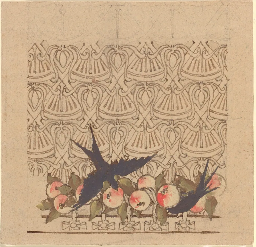 Ornamental design with two birds pecking at fruit by Karel Vitezslav Masek