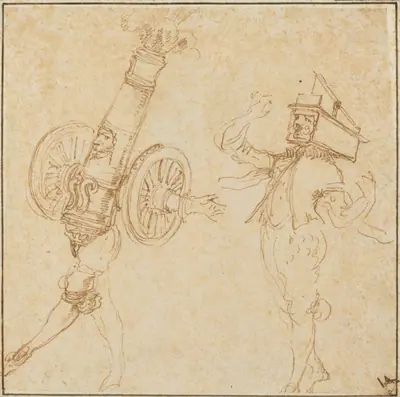 Two Men in Masquerade Costumes: A Cannon Firing and a Cat Inside a Mousetrap