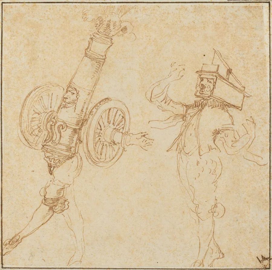 Two Men in Masquerade Costumes: A Cannon Firing and a Cat Inside a Mousetrap by Stefano Della Bella
