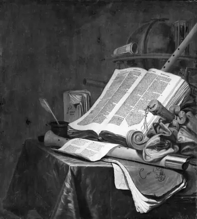 Nature morte med bøger og musikinstrumenter