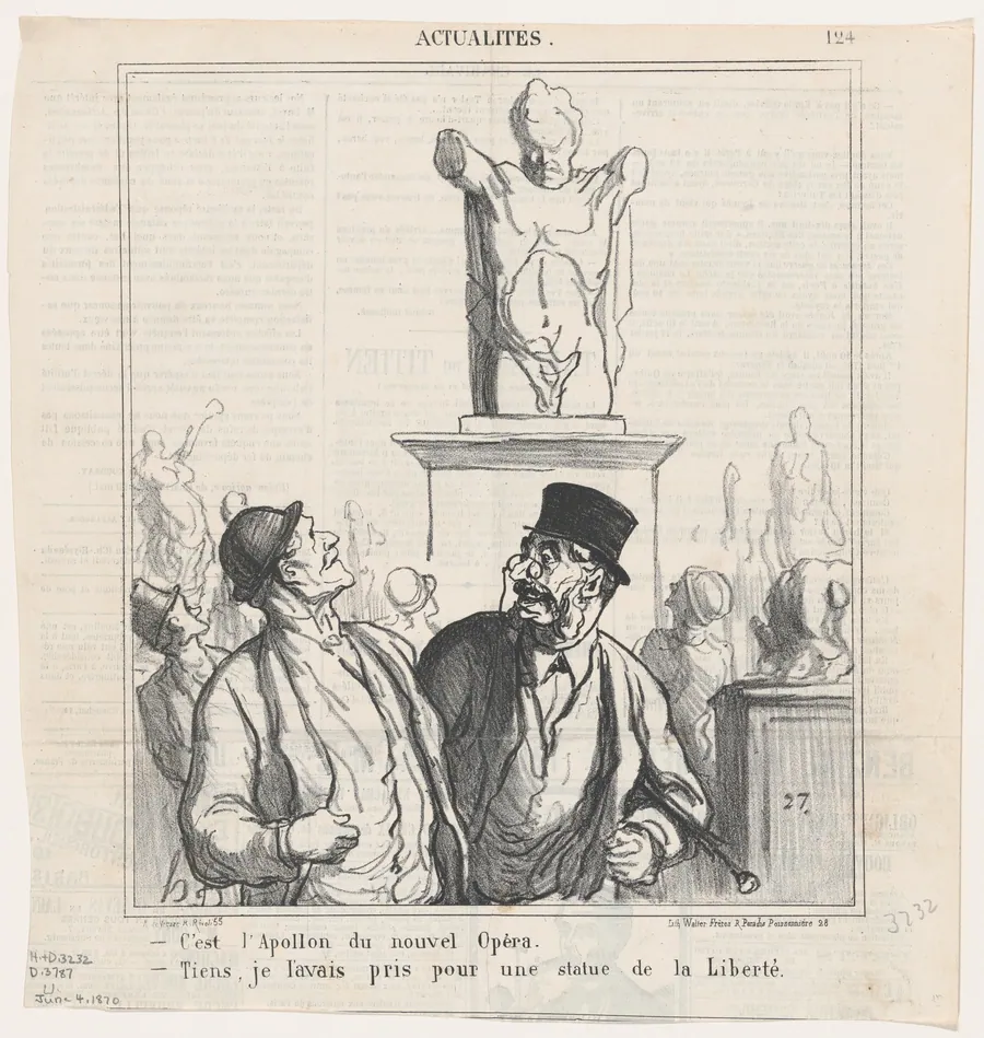 –It's the Apollo of the new opera. –Well, I had taken it for the statue of liberty, from 'News of the day,' published in Le Charivari, June 4, 1870 by Arnaud de Vresse