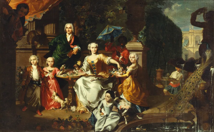 Familiegruppe på en terrasse ved en villa. Muligvis den engelske forretningsmand George Jackson med sin familie by Marcus Tuscher