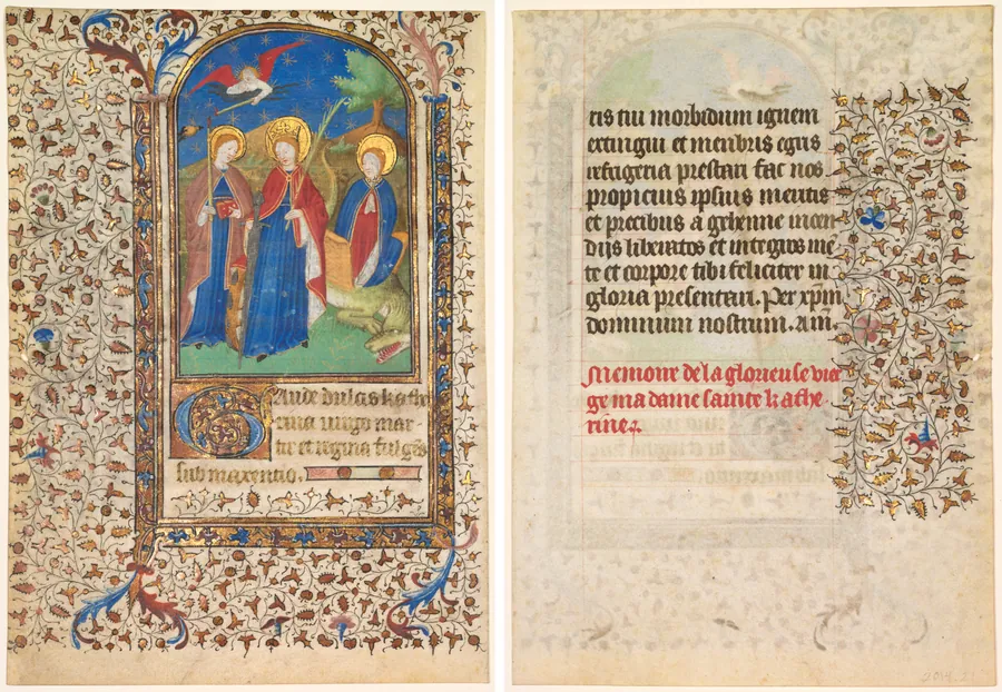 Leaf from a Book of Hours: Sts. Geneviève, Catherine of Alexandria, and Margaret (recto) and Text (verso) by Boucicaut Master