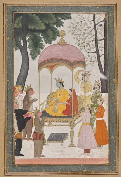 Enthroned Rama and Sita receive homage from their monkey and bear Allies, from the Yuddha Kanda (Book of the War) of a Ramayana (Rama’s Journey)