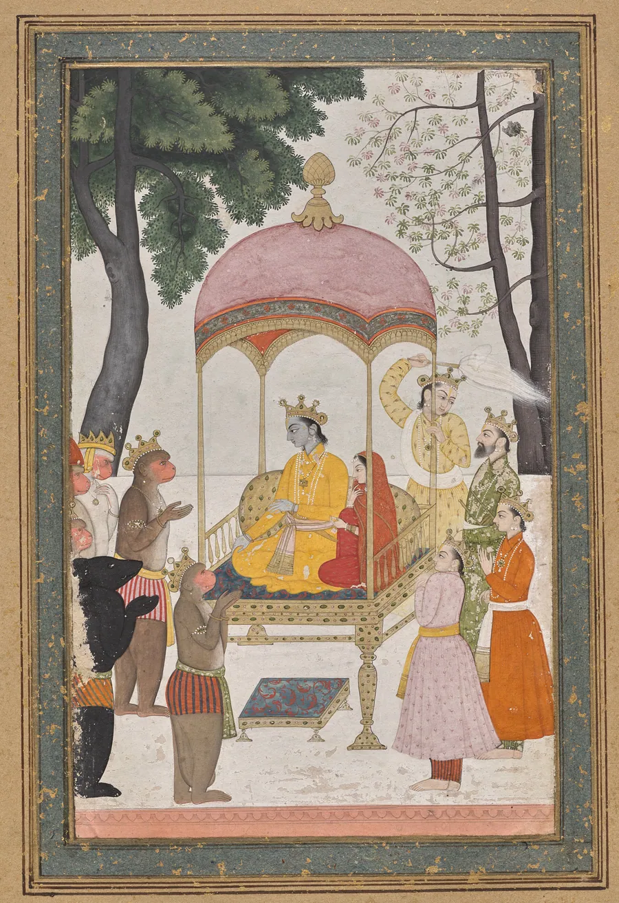 Enthroned Rama and Sita receive homage from their monkey and bear Allies, from the Yuddha Kanda (Book of the War) of a Ramayana (Rama’s Journey)