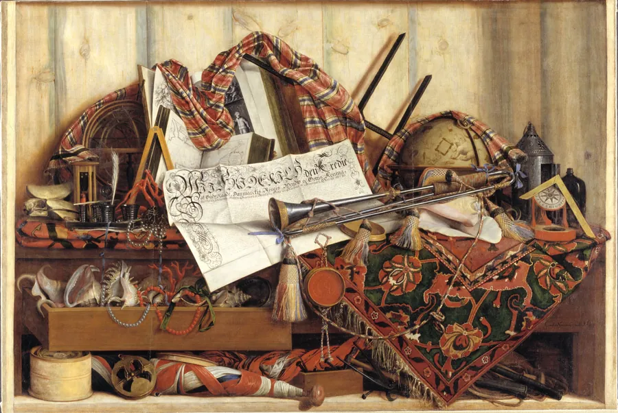 Trompe l'oeil med trompet, himmelglobus og Frederik III's proklamation by Cornelius Norbertus Gijsbrechts