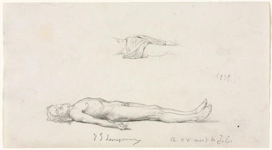 Sketch of the Dead Christ, and Detail Sketch of Loincloth by Jules Eugène Lenepveu