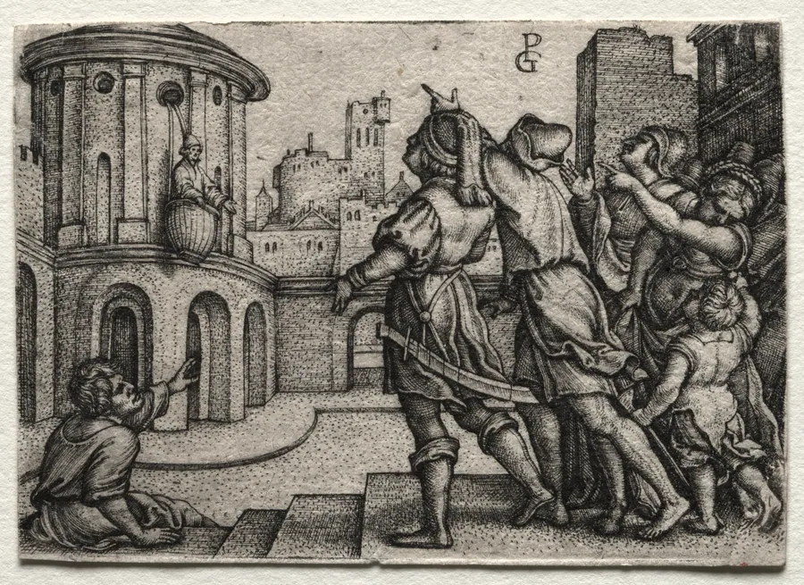 Virgil hanging in a Basket by Georg Pencz