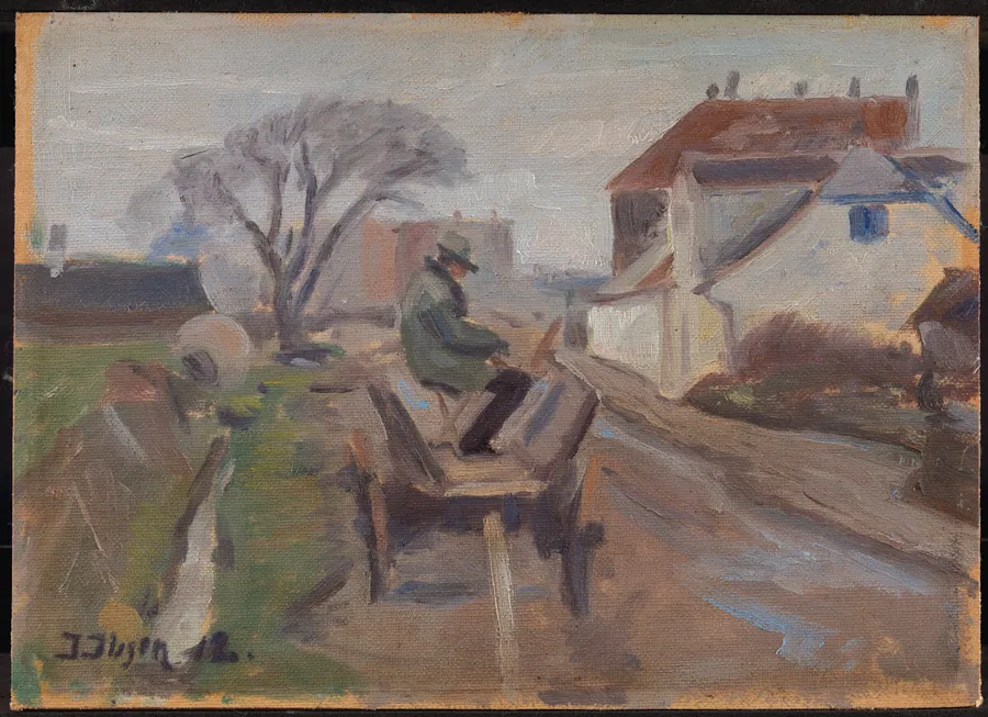 Maleren Ølund-Hansen maler siddende i en vogn by Immanuel Ibsen