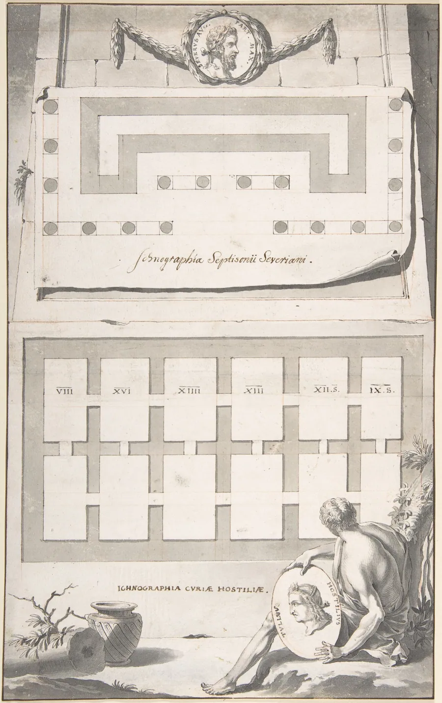 Ichnographia (or groundplan) of the Arch of Septimius Severus (above) and the Curia Hostilia (below) by Jan Goeree