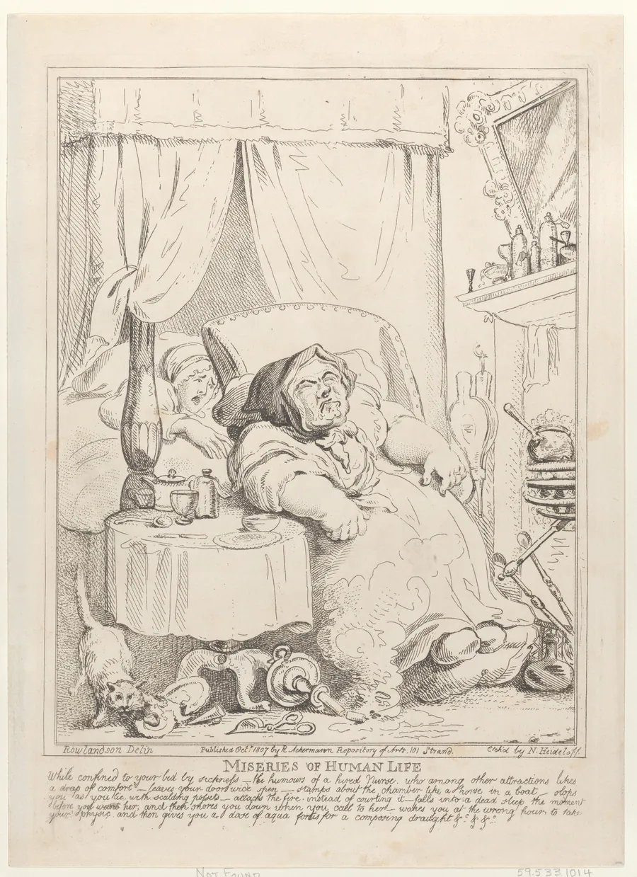 Miseries of Human Life: "While confined to your bed by sickness..." by Thomas Rowlandson