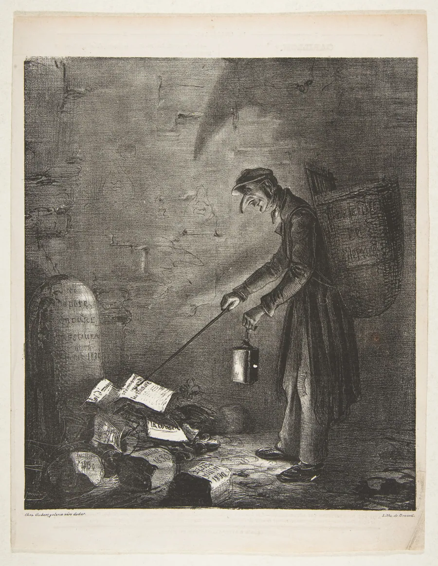 Masked Man using a Lantern to Collect Discarded Pamphlets by a Tombstone, from "Le Charivari" by Benard