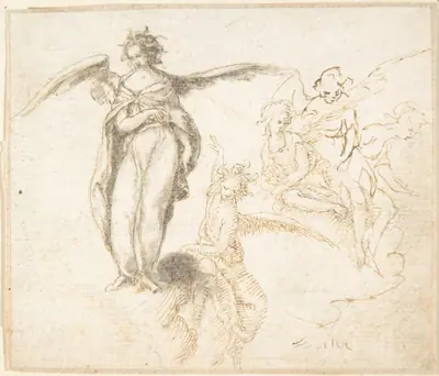 Studies for Five Figures of Angels Standing, and Seated on Clouds