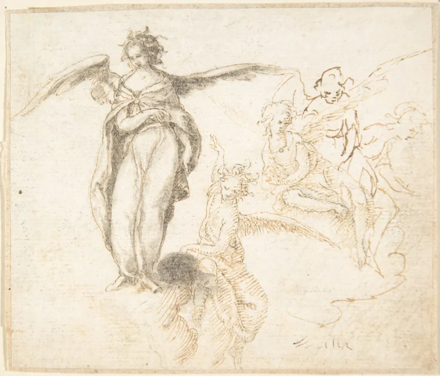 Studies for Five Figures of Angels Standing, and Seated on Clouds by Anonymous, Spanish, School of Seville, 17th century