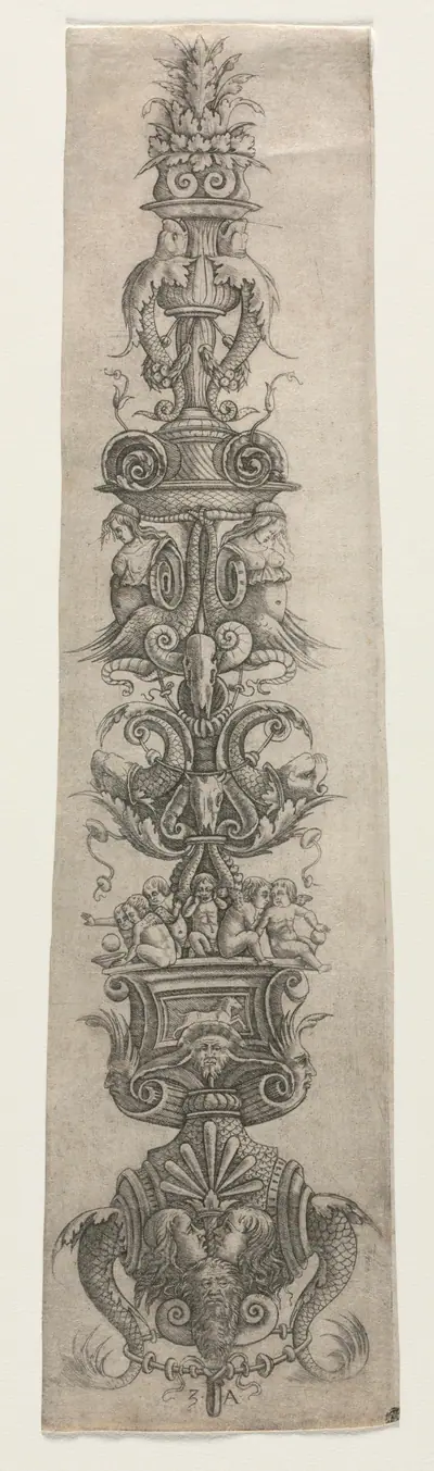 Upright Arabesque with Masks, Cupids and Nereids