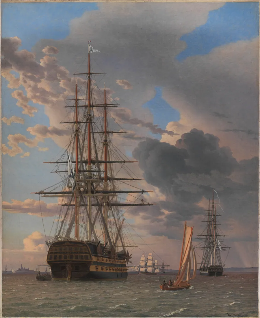 Det russiske linjeskib "Asow" og en fregat til ankers på Helsingørs red by C.W. Eckersberg