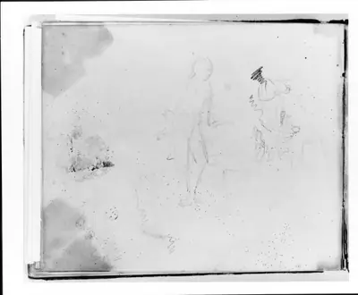 Three Studies: Standing Figure Facing Left; Interior with Figures and a Dog; Landscape (from Sketchbook)