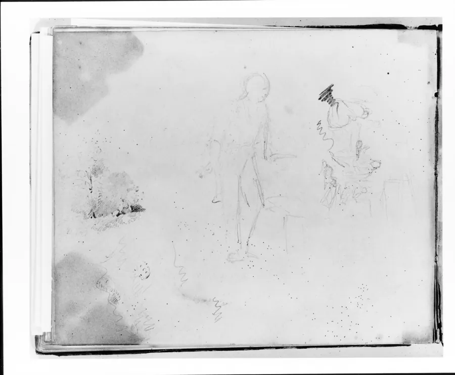 Three Studies: Standing Figure Facing Left; Interior with Figures and a Dog; Landscape (from Sketchbook) by Francis William Edmonds