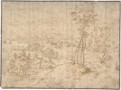 Landscape with a Town by the Seashore and Mountains in the Distance