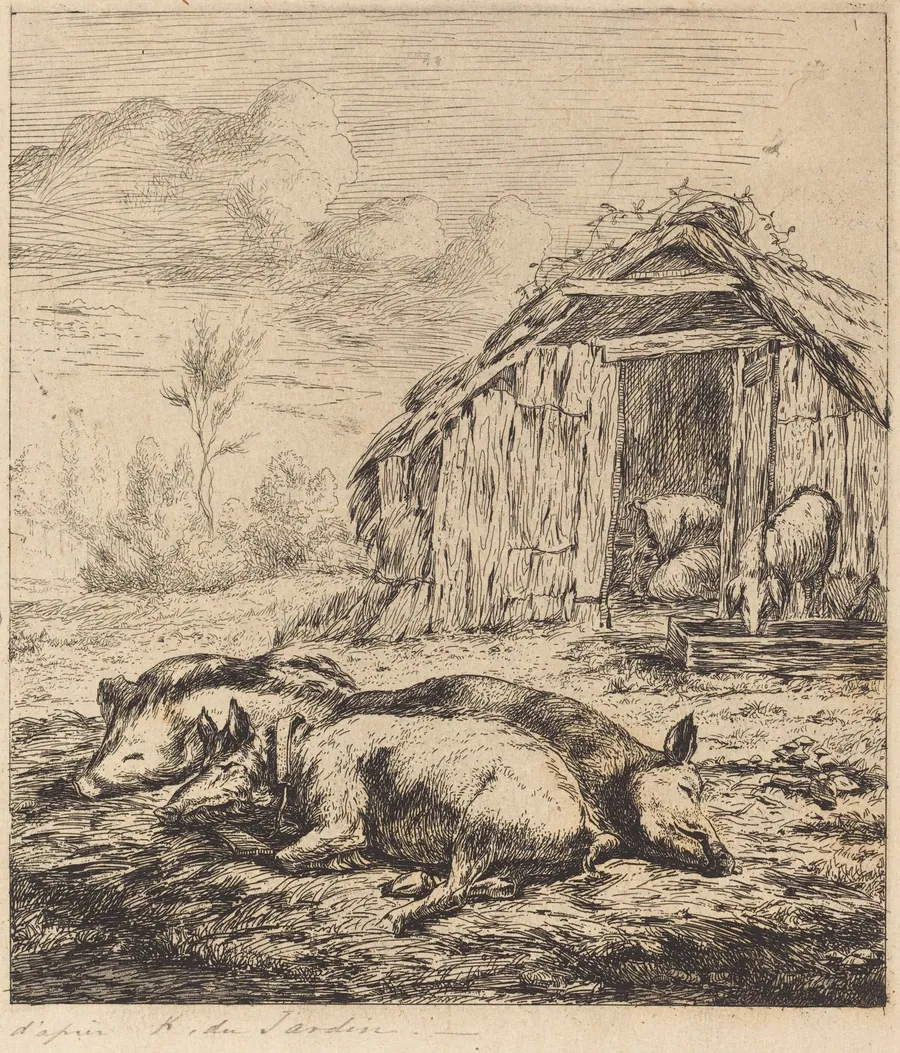Les trois cochons couchés devant l'étable (Three Swine Lying In Front of a Sty) by Charles Meryon
