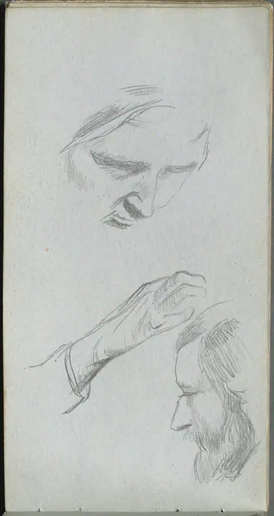 Sketchbook, page 70: Study of Two Faces and a Hand