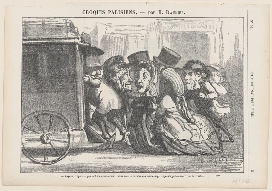 Stop pushing please... you have the number 57 and I just called number 3!, from 'Parisian sketches,' published in Le Petit Journal pour Rire, February 4, 1865 by Honoré Daumier