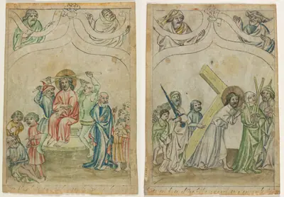 Single Leaf from a "Biblia Pauperum": Christ Crowned with Thorns (recto) Christ Carrying the Cross (verso)