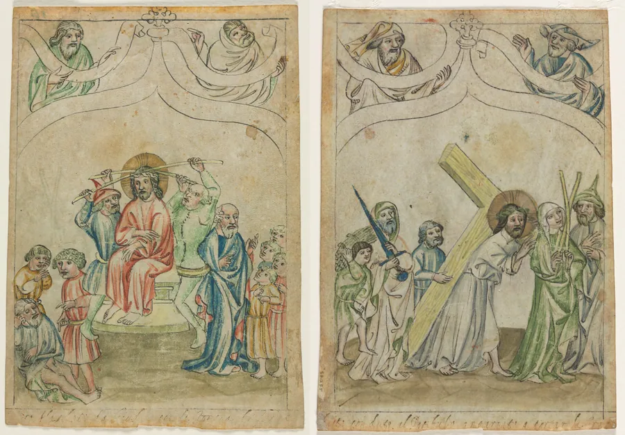 Single Leaf from a "Biblia Pauperum": Christ Crowned with Thorns (recto) Christ Carrying the Cross (verso)
