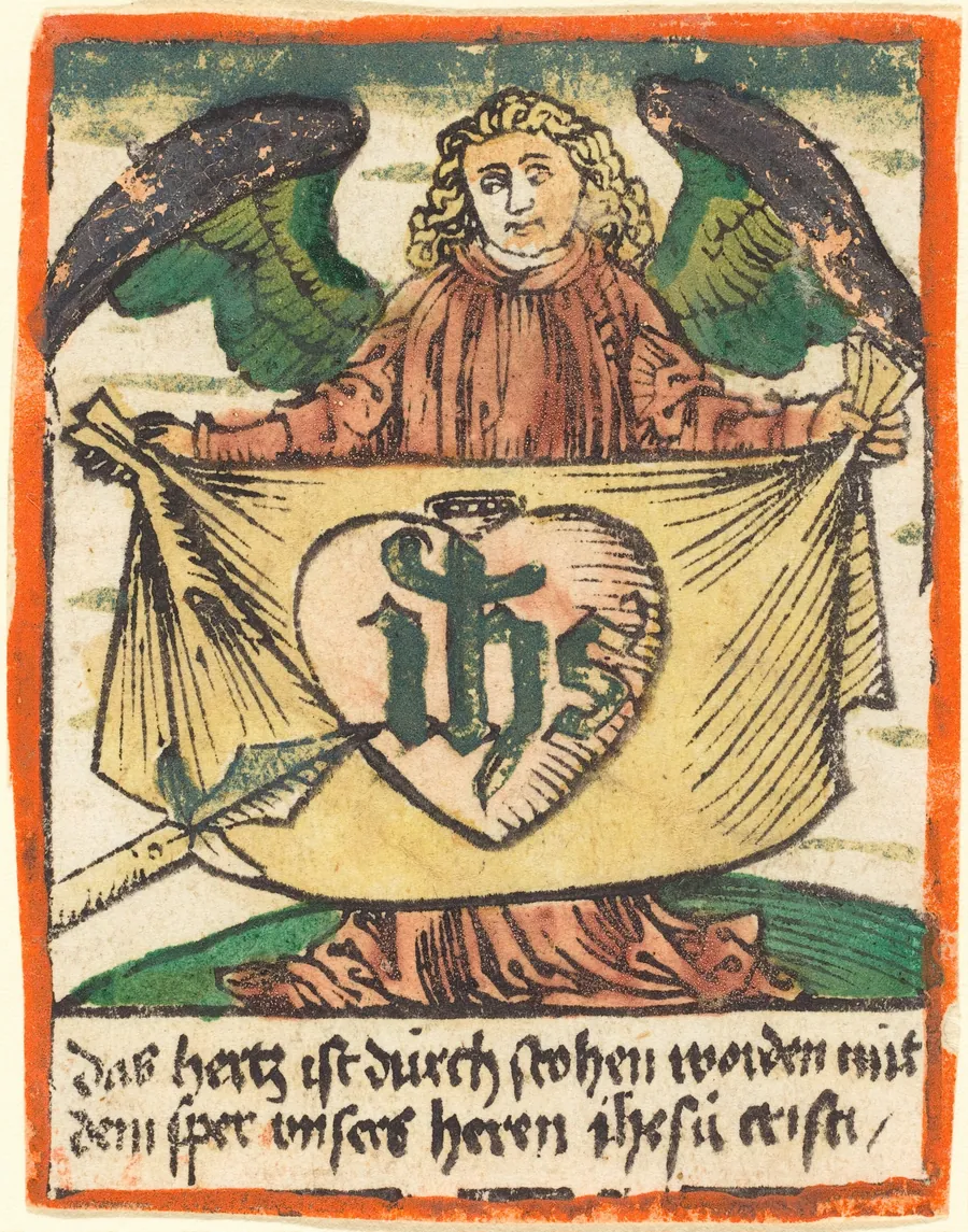 Sacred Monogram in a Sacred Heart on a Cloth Held by an Angel by German 15th Century
