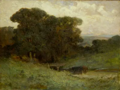 Untitled (forest scene with bridge, cows in stream in foreground)