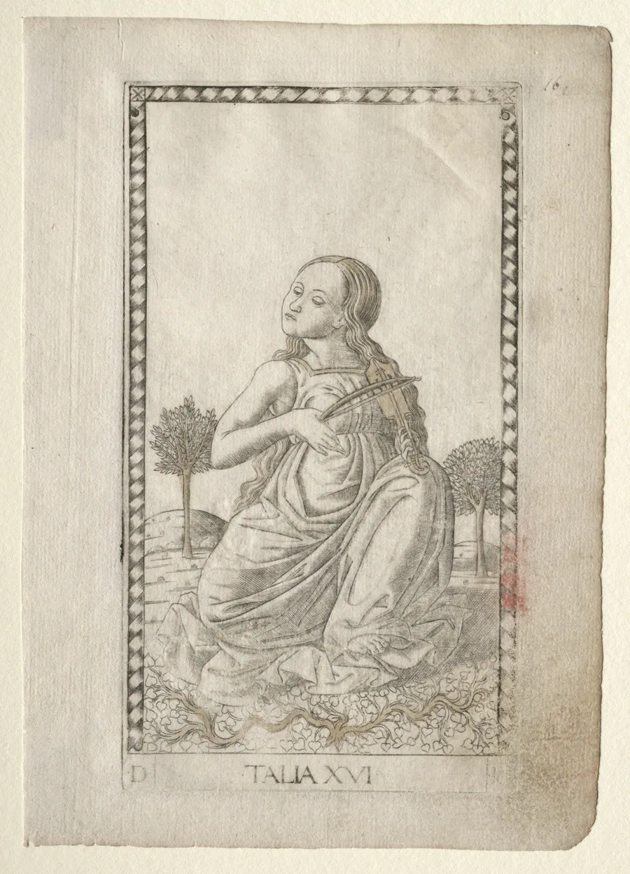 Thalia (comedy, pastoral poetry) (from the Tarocchi series D:  Apollo and the Muses, #16) by Master of the E-Series Tarocchi