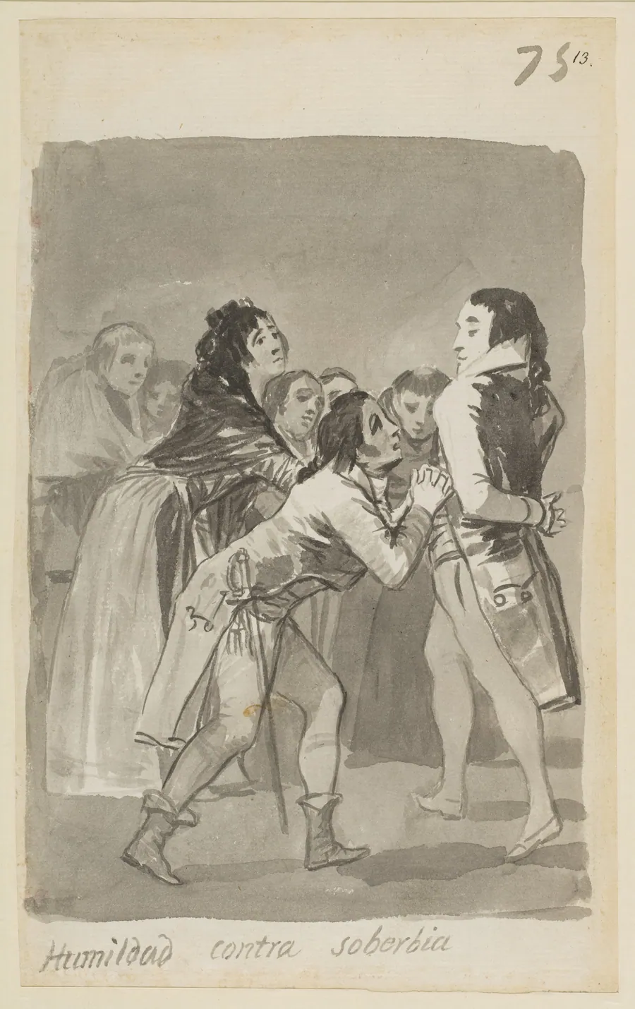 'Humility versus Pride' a young man imploring an older man with other figures in front of them; folio 75 (recto) from the Madrid Album 'B' by Goya (Francisco de Goya y Lucientes)