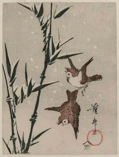 Sparrows, Bamboo and Falling Snow