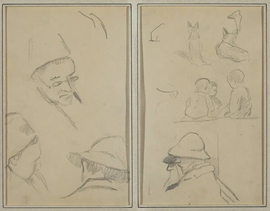 Three Studies of Men's Heads, One with Spectacles; Dogs, Children, and Two Bearded Men in Profile [verso] by Paul Gauguin