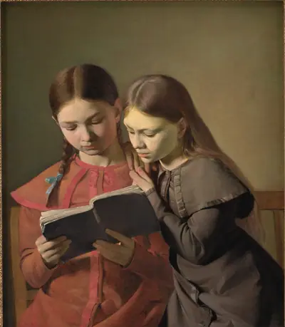 Kunstnerens søstre Signe og Henriette læsende i en bog