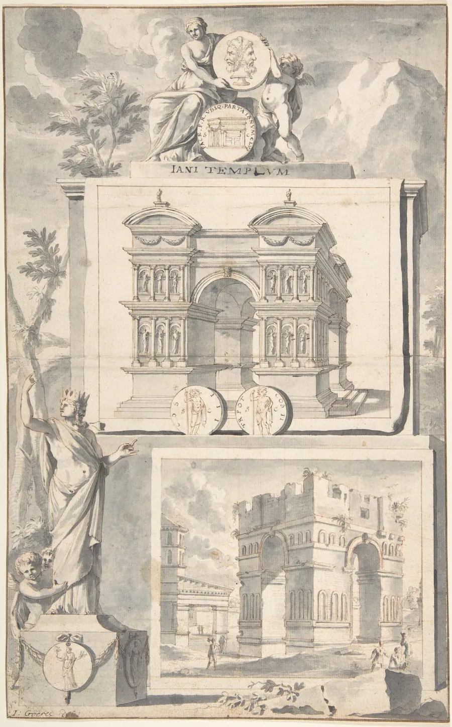 A Reconstruction of the Temple of Janus (above) and a View of the Ruins (below) by Jan Goeree