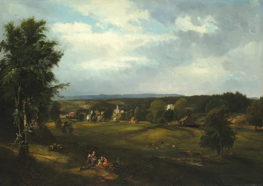 Village Scene near Albany, New York by James M. Hart, born Kilmarnock, Scotland 1828-died New York City 1901