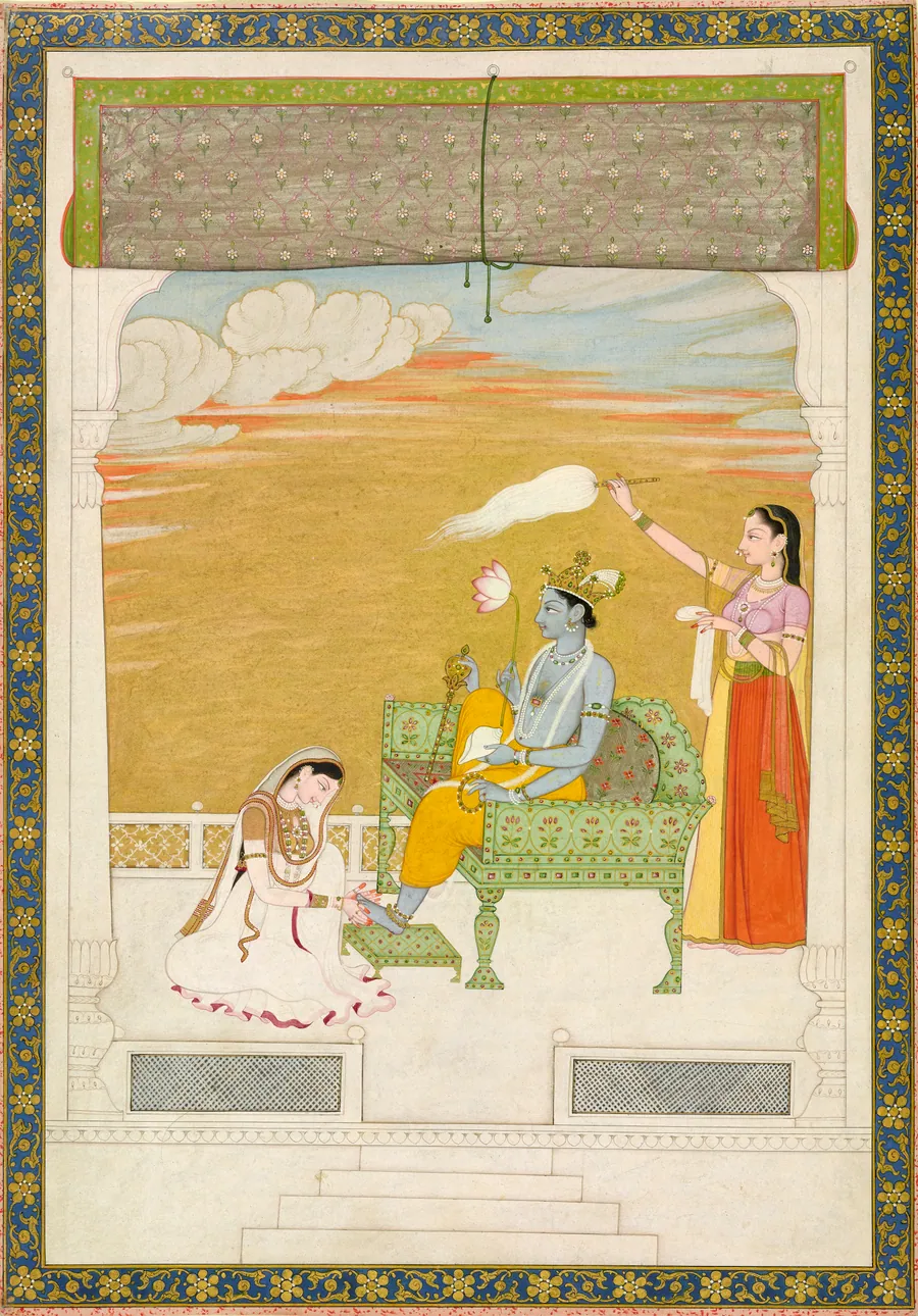 Lakshmi massaging the foot of Vishnu by Composition attributed to Nainsukh (active ca. 1710-1778)