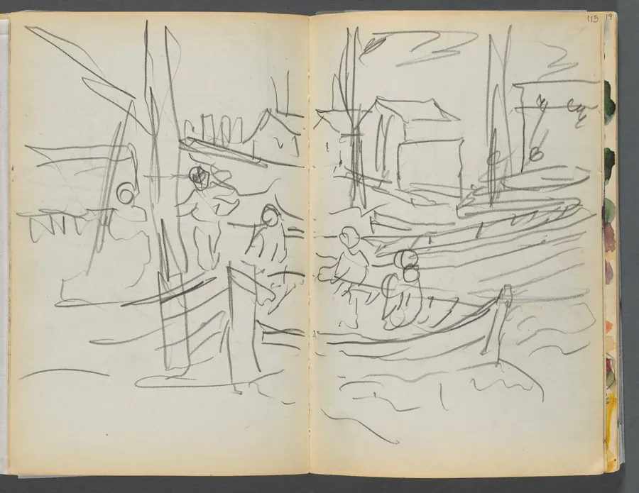 Sketchbook- The Granite Shore Hotel, Rockport, page 114 &115: Figures on a Sailboat by Maurice Prendergast
