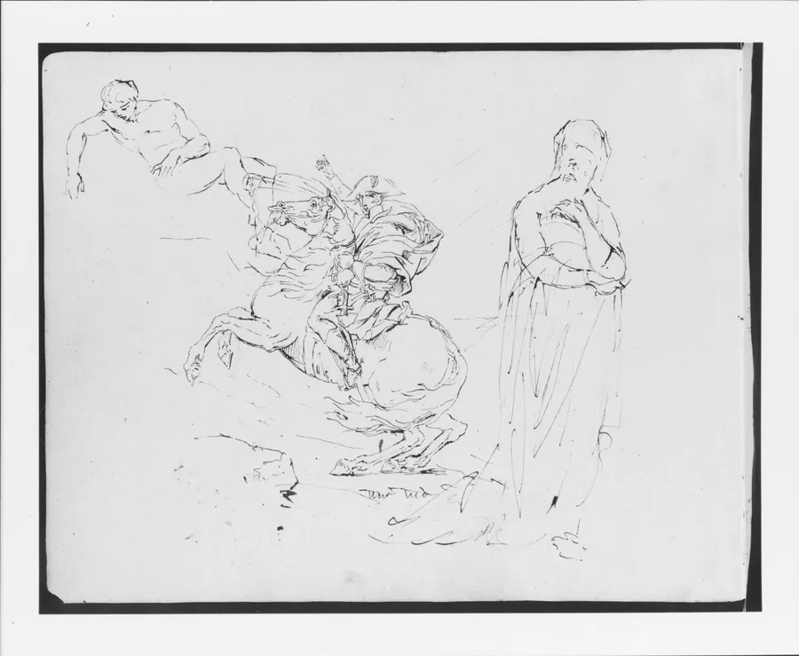 Sketch after David's Napoleon Crossing the Alps; a Recumbent Nude Male; a Standing Female (from Sketchbook) by Thomas Sully