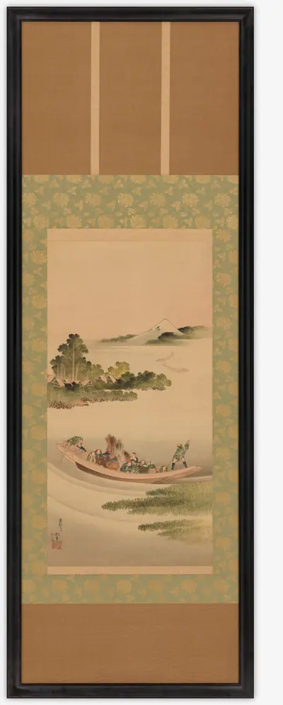River landscape: ferry-boat and Mount Fuji