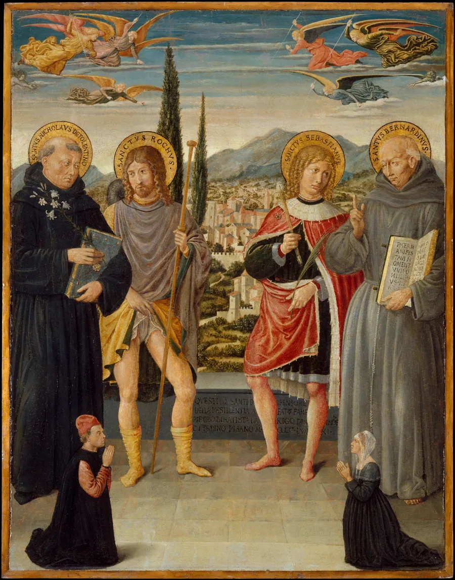 Saints Nicholas of Tolentino, Roch, Sebastian, and Bernardino of Siena, with Kneeling Donors by Benozzo Gozzoli (Benozzo di Lese di Sandro)