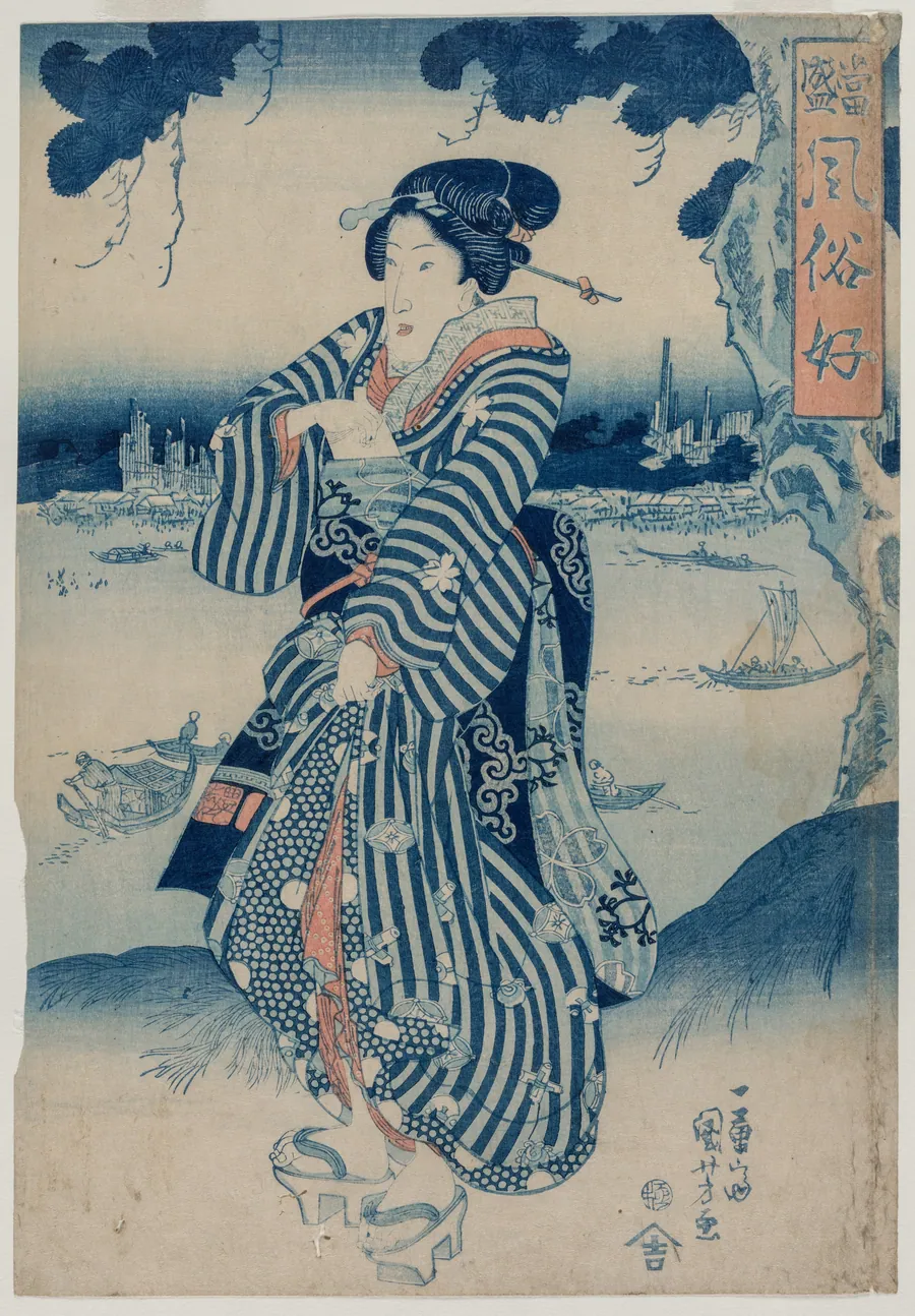 Geisha Standing on the Bank of the Sumida River (from the series People Who Like the Latest Fashions and Manners) by Utagawa Kuniyoshi
