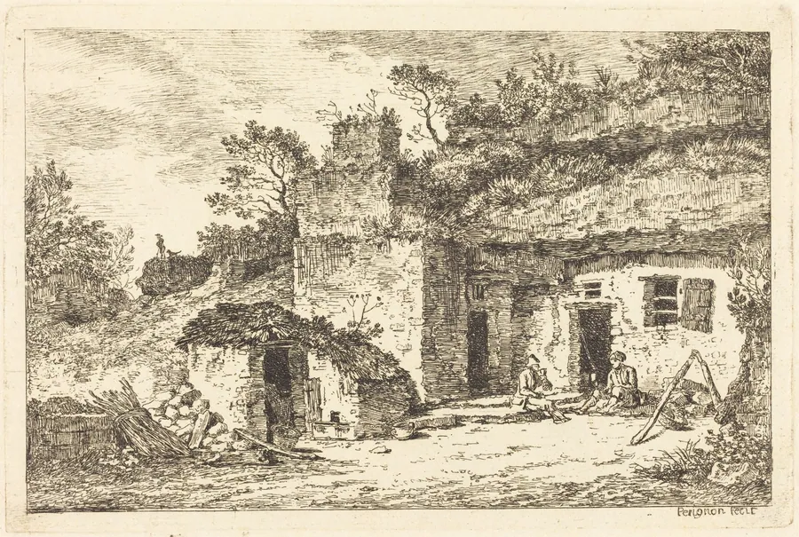 A Cottage with Two Men Seated at the Doorway by Nicolas Pérignon
