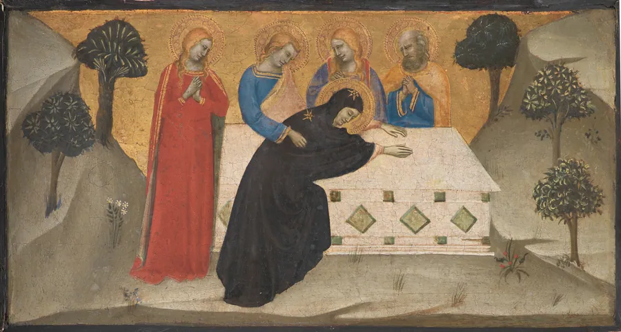 Jomfru Maria i afmagt sammen med de tre Maria'er ved Kristi sarkofag by Puccio di Simone